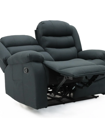 Grey chenille recliner sofa set with manual reclining functionality and laid-back cushions.