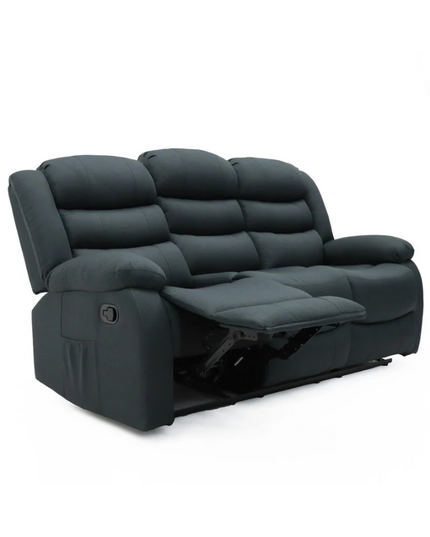 Sorrento recliner sofa set in grey chenille fabric with a manual reclining feature and comfortable cushions.