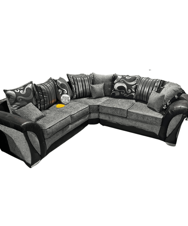 Modern Shannon Corner Sofa in gray and black with decorative cushions for contemporary living spaces.